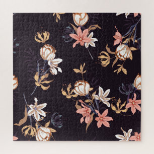 Vintage tulips, dark purple background jigsaw puzzle