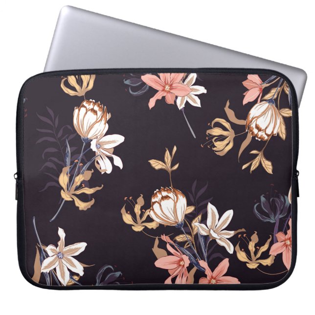 Vintage tulips, dark purple background laptop sleeve (Front)
