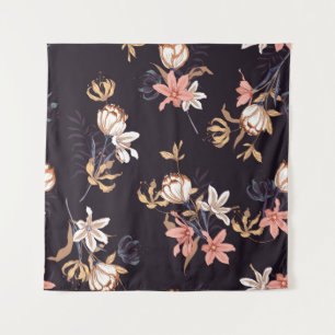 Vintage tulips, dark purple background tapestry