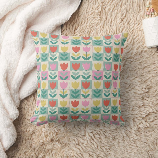 Vintage Tulips Patchwork Pattern Throw Pillow (Blanket)