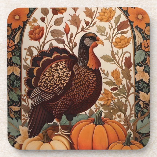 Vintage Turkey and Pumpkins Autumn Coaster (Front)