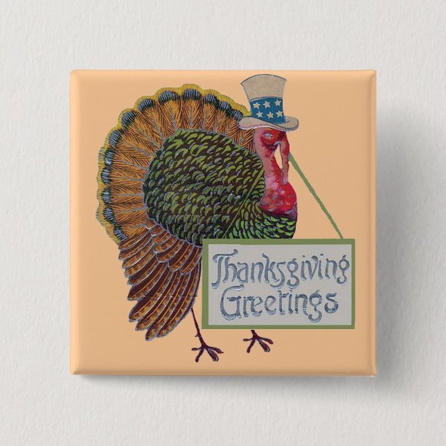Vintage Turkey Thanksgiving Greetings 2 Inch Square Button (Front)