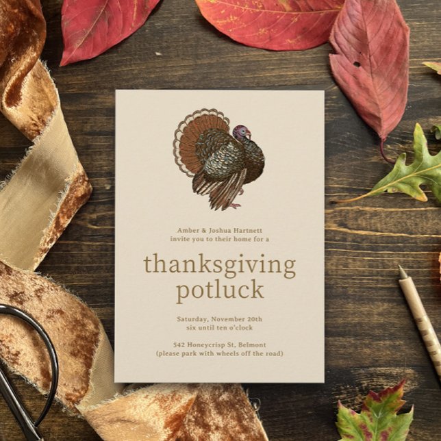 Vintage Turkey Thanksgiving Potluck Invitation (warm beige thanksgiving dinner invitation with male tom turkey prancing at the top and QR link)