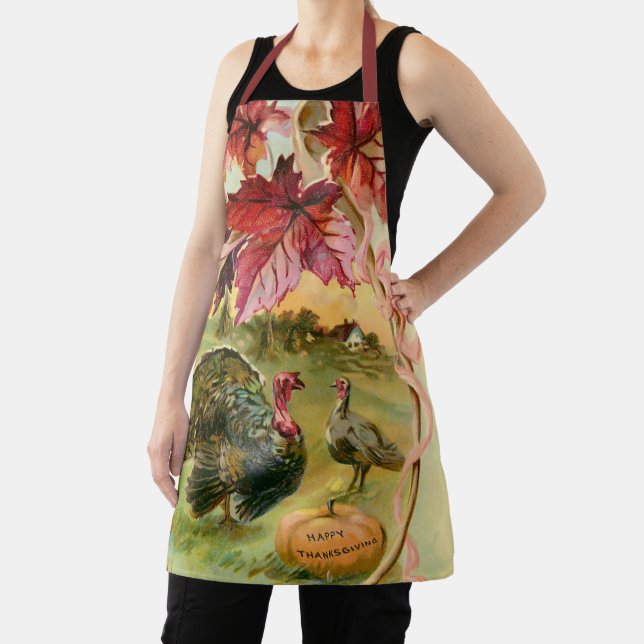 Vintage Turkeys, Wishbone and Autumn Leaves Apron (Insitu)