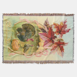 Vintage Turkeys, Wishbone and Autumn Leaves Throw Blanket
