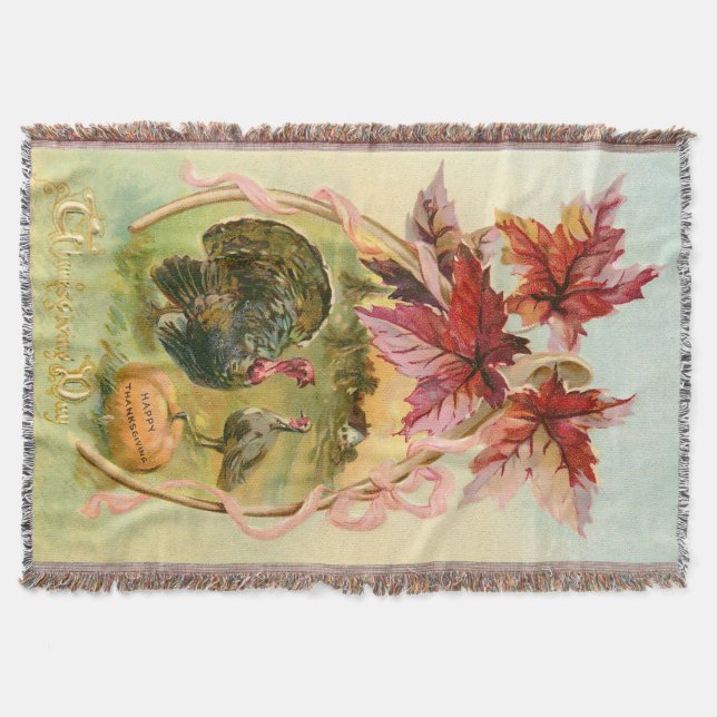 Vintage Turkeys, Wishbone and Autumn Leaves Throw Blanket (Front)