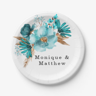 Vintage Turquoise and Gold Peony Wedding Paper Plate