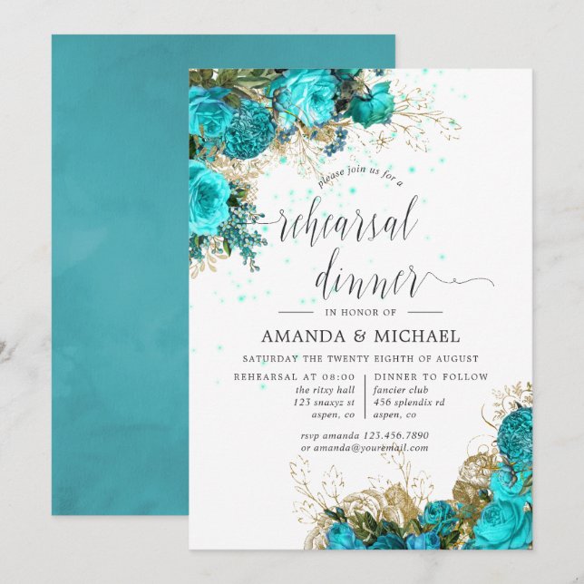 Vintage Turquoise and Gold Rehearsal Dinner Invitation (Front/Back)