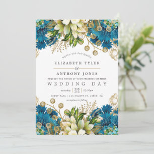 Vintage Turquoise and Gold Shabby Floral Wedding Invitation