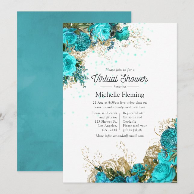 Vintage Turquoise and Gold Virtual Baby Shower Invitation (Front/Back)