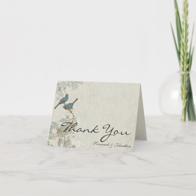 Vintage Turquoise Birds Damask Merci Cartes (Devant)