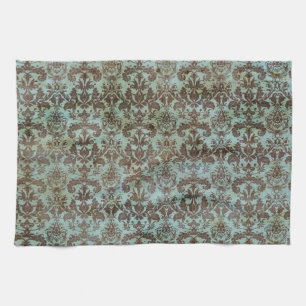 Vintage Turquoise Blue Brown Damask Pattern Kitchen Towel