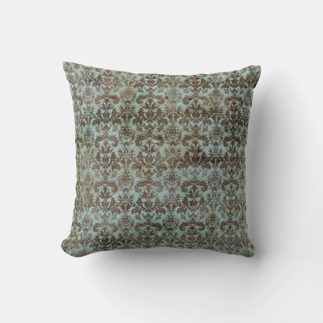 Vintage Turquoise Blue Brown Damask Pattern Throw Pillow (Front)