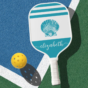 Vintage turquoise blue coastal beach seashell name pickleball paddle