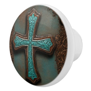 Vintage Turquoise Brown Western Country Cross  Ceramic Knob
