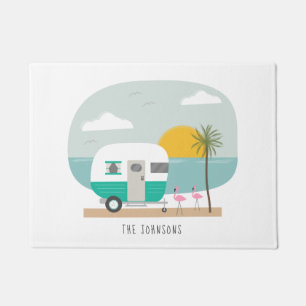 Vintage Turquoise Camper Beach Flamingos Doormat