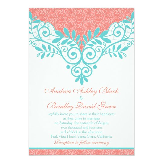 Vintage Turquoise Coral Lace Wedding Invitation Zazzle Ca