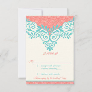 Vintage Turquoise Coral Lace Wedding RSVP Reply Card