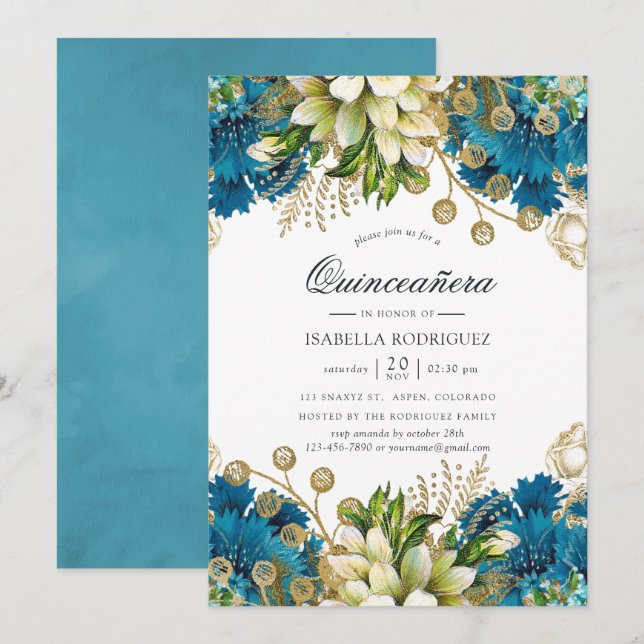 Vintage Turquoise & Gold Shabby Floral Quinceañera Invitation (Front/Back)