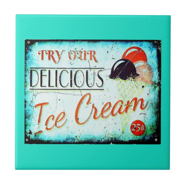 Vintage turquoise ice cream sign ceramic tile (Front)