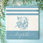 Vintage turquoise octopus beach house script name  stone coaster<br><div class="desc">Feel the coastal vibes and relax with your favourite beverage, all while protecting your furniture, with this beautiful, chic, simple, vintage, custom monogram name stone coaster. A graphic, teal blue vintage octopus overlays a white background accented with nautical teal blue stripes. Personalize with your name. Makes a stylish statement every...</div>