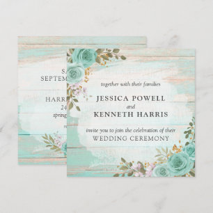 Vintage Turquoise Rustic Wood Floral Roses Wedding Invitation