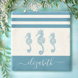 Vintage turquoise seahorse beach house script name stone coaster<br><div class="desc">Feel the coastal vibes and relax with your favourite beverage, all while protecting your furniture, with this beautiful, chic, simple, vintage, custom monogram name stone coaster. Three graphic, teal blue vintage seahorses overlays a white background accented with nautical teal blue stripes. Personalize with your name. Makes a stylish statement every...</div>