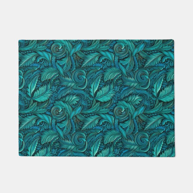 Vintage turquoise tooled leather  doormat (Front)