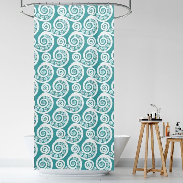 Vintage Turquoise & White Fern Leaf Curls  (Vintage Turquoise & White Fern Leaf Curls Shower Curtain)