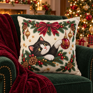 Vintage Tuxedo Cat Christmas Throw Pillow