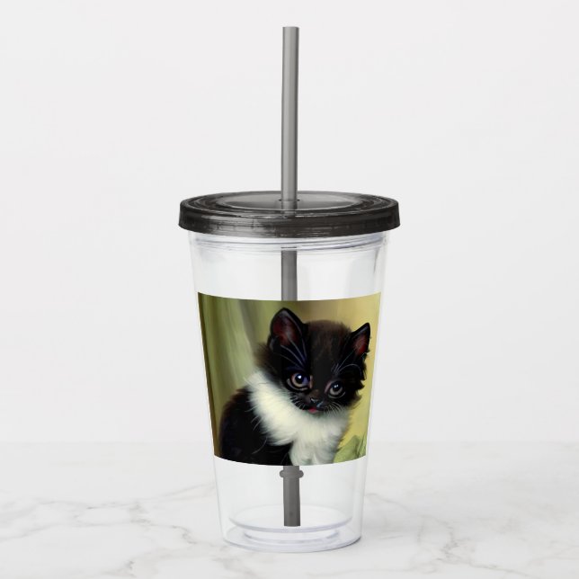 Vintage Tuxedo Kitten Illustration Acrylic Tumbler (Front)