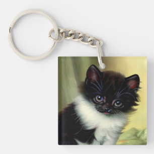 Vintage Tuxedo Kitten Illustration Keychain