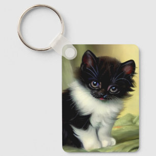 Vintage Tuxedo Kitten Illustration Keychain