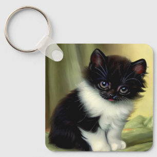 Vintage Tuxedo Kitten Illustration Keychain