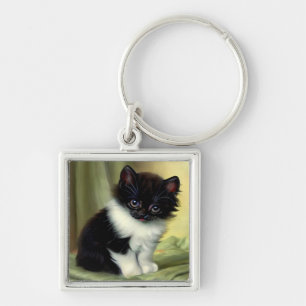 Vintage Tuxedo Kitten Illustration Keychain