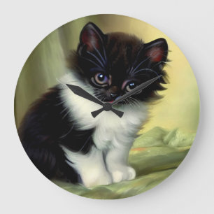 Vintage Tuxedo Kitten Illustration Large Clock