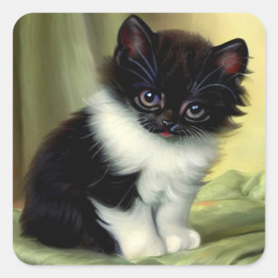 Vintage Tuxedo Kitten Illustration Square Sticker