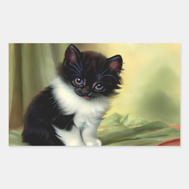 Vintage Tuxedo Kitten Illustration Sticker (Front)
