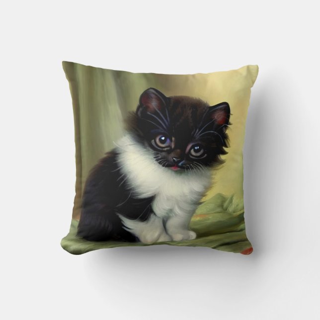Vintage Tuxedo Kitten Illustration Throw Pillow (Front)