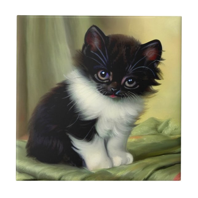 Vintage Tuxedo Kitten Illustration Tile (Front)