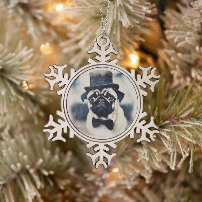 Vintage Tuxedo Pug Snowflake Pewter Christmas Ornament (Tree)