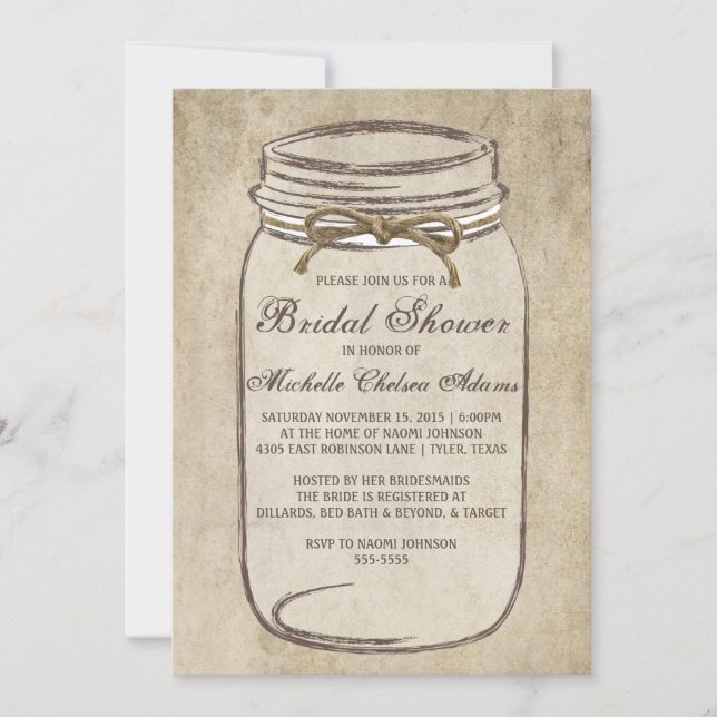 Vintage Twine Mason Jar Bridal Shower Invitation (Front)