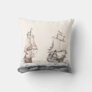 Vintage Two Sailing Ships At Sea Johan Teyler Throw Pillow