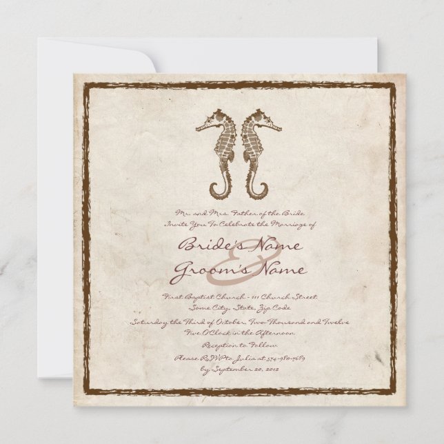 Vintage Two Sea Horses Beach Wedding Invitation (Front)