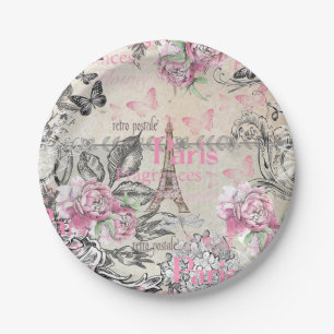 Vintage typo black pink floral Paris Eiffel Tower Paper Plate