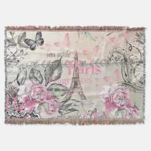 Vintage typo black pink floral Paris Eiffel Tower Throw Blanket