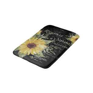 Vintage typography and sunflowers on black  bath mat