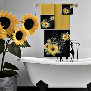Vintage typography and sunflowers on black  bath t bath towel set