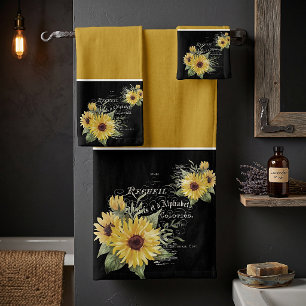 Vintage typography and sunflowers on black  bath t towel set