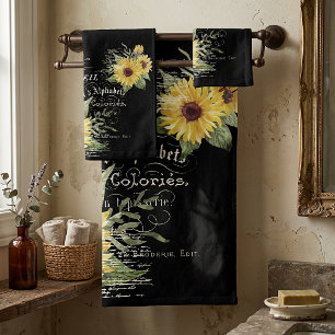 Vintage typography and sunflowers on black bath towel set